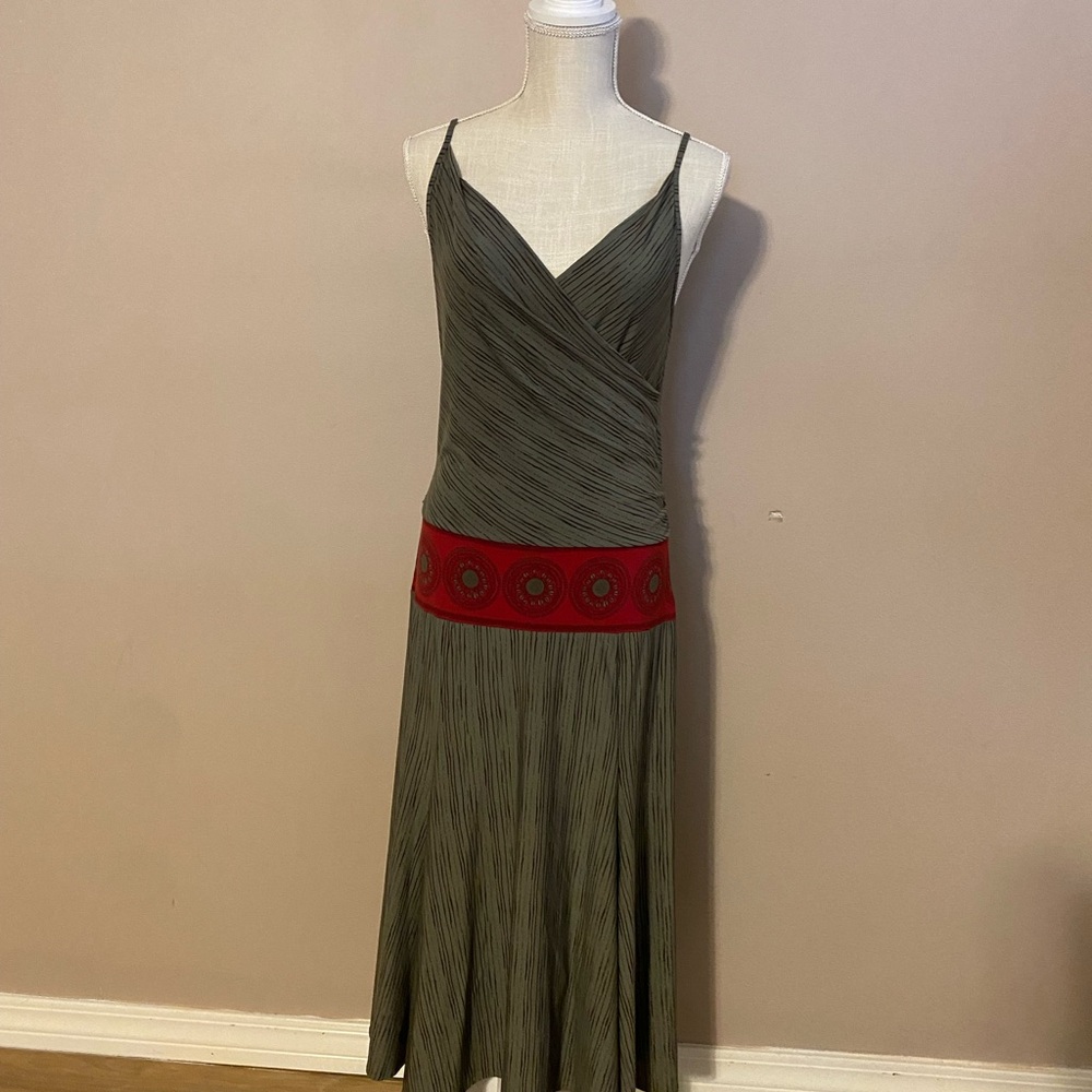 BCBGMaxAzria Olive Midi Dress with Red Waistband